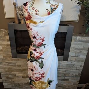 Le Chateau One Shoulder Floral Dress - White and Multicolor